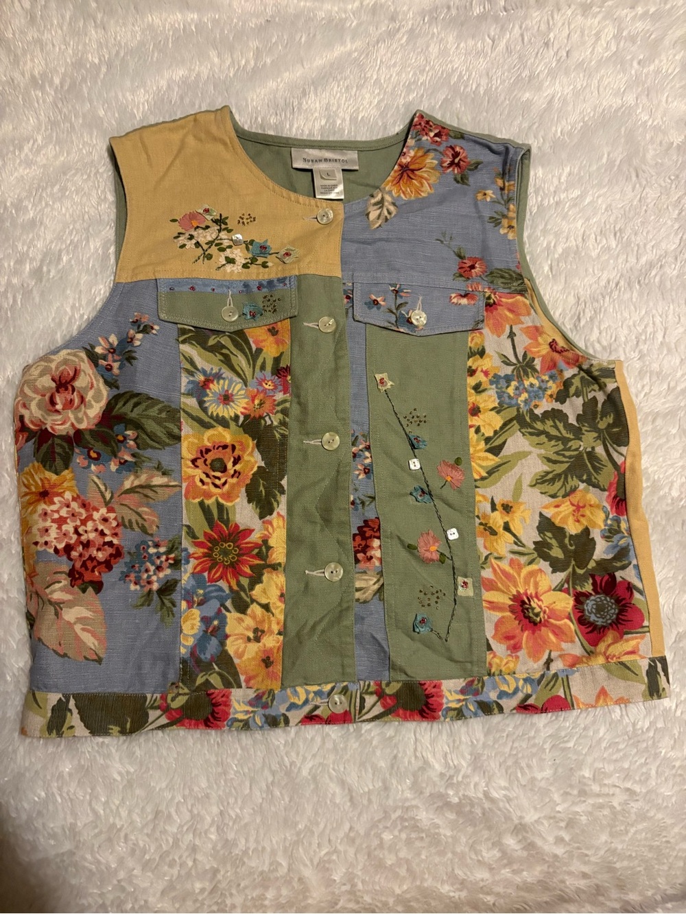 Vintage Susan Bristol patchwork vest embroidery, applique, multicolor floral L